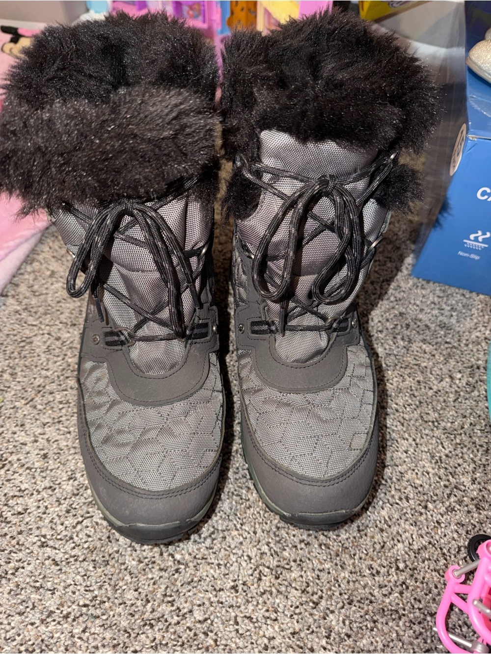 BearPaw Women's Black Faux-Fur Winter Lace-Up Boots